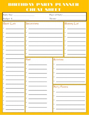 Planner Cheat Sheet - Birthday Party Yellow